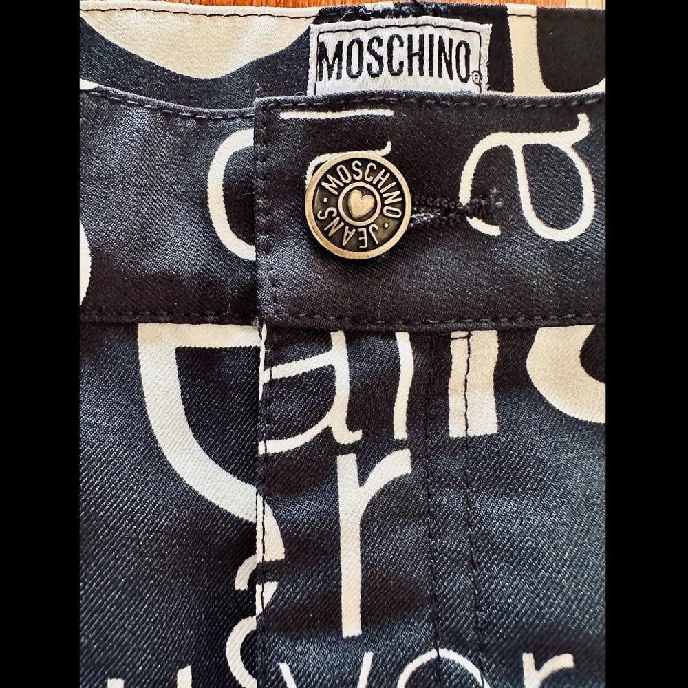 1990s MOSCHINO JEANS LOVE ALL OVER PANTS TROUSERS BLACK CREAM NANNY FINE US 12 - Picture 5 of 9